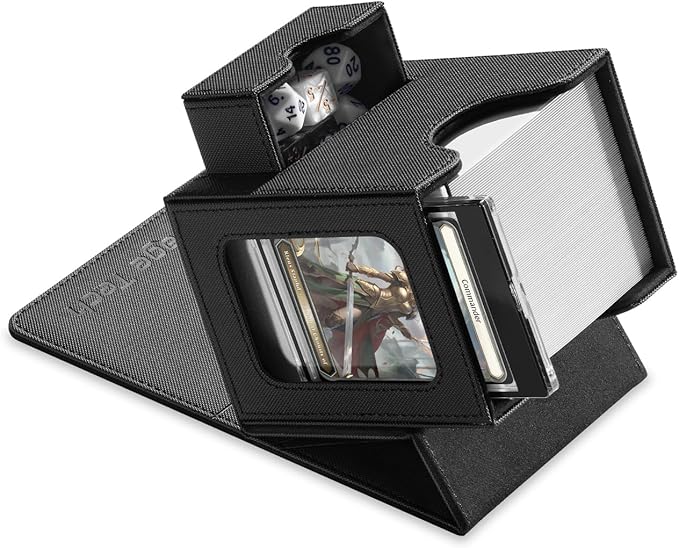 Mage Tech Card Deck Box for MTG Commander - Patented Design, Commander Display, Fits 100 Double-Sleeved Cards, 35pt Card Brick & Dice Tray - Justice Black
