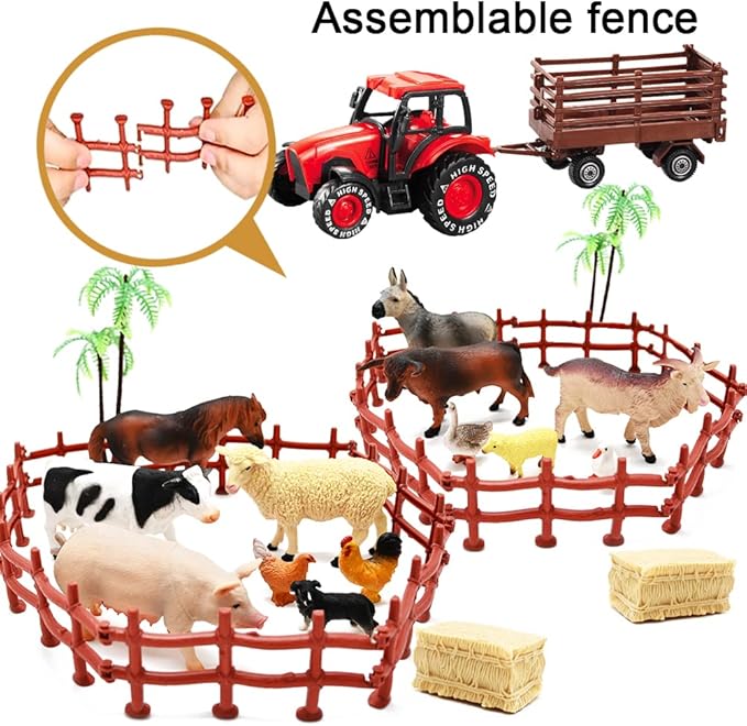 Kimicare 3 Pack Farm Toy Tractor with 40pcs Plastic Farm Animals Figurines and Fence Farm Playset, Farm Figures Farmer Vehicle Toy Truck with Trailer Birthday Gifts Christmas Stocking Stuffers