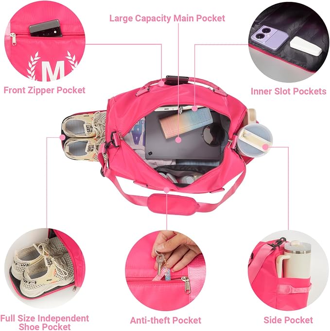 Gym Bag for Women, Personalized Duffle Bag with Shoe Compartment, Sports Bag for Yoga & Dance with Wet Pocket and Mat Strap(HotPink,U)