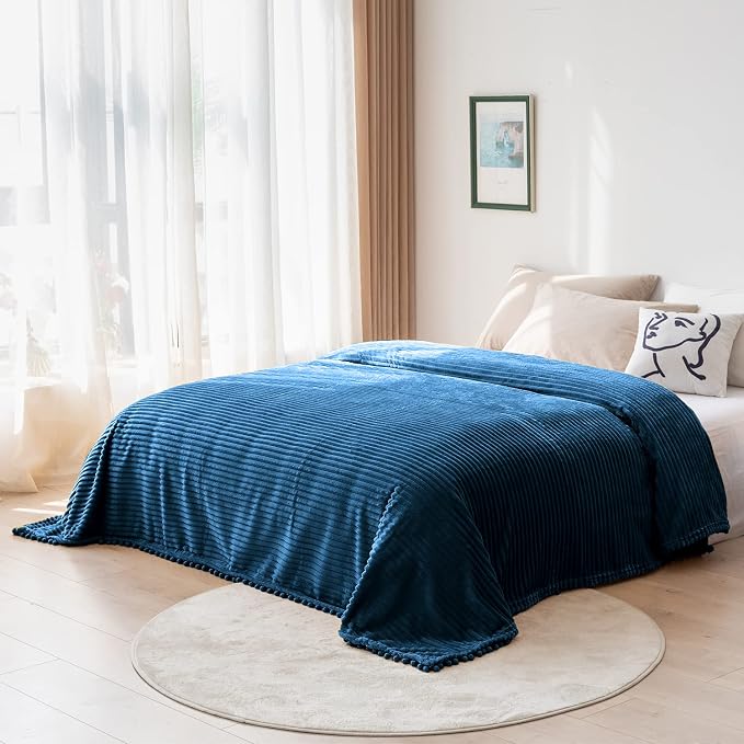DISSA Fleece Blanket Twin Size – 60x80, Blue - Soft, Plush, Fluffy, Fuzzy, Warm, Cozy – Perfect Throw for Couch, Bed, Sofa - with Pompom Fringe - Flannel Blanket