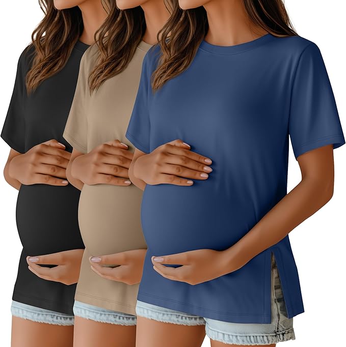 Ficerd 3 Pack Women's Maternity T Shirts, Short Sleeve Side Split Pregnancy Tops Casual Crew Neck Pregnant Tees Mama Clothes