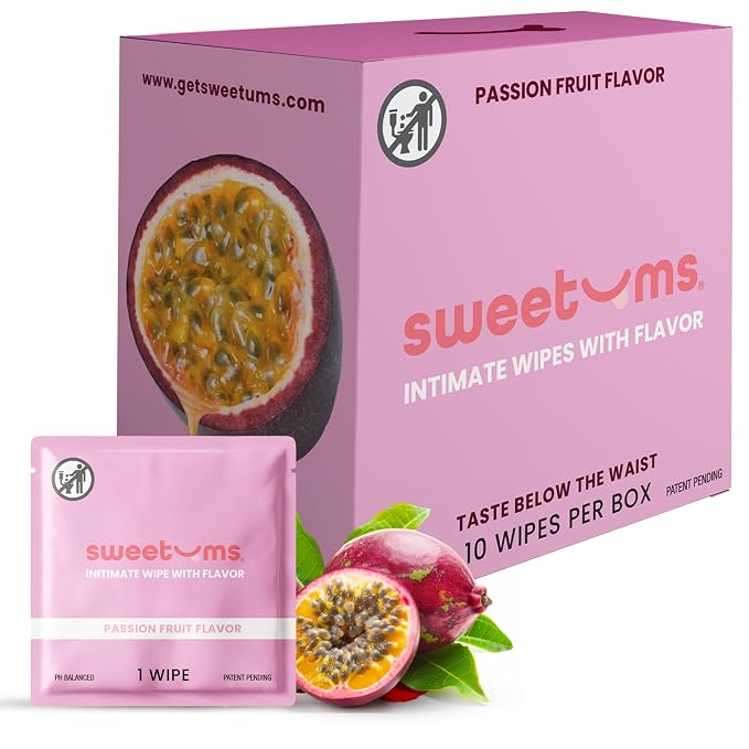 Sweetums Feminine Wipes For Women, Individually Wrapped - pH Balanced Flavored Intimate Wipes - Pack of 10 (Passion Fruit)