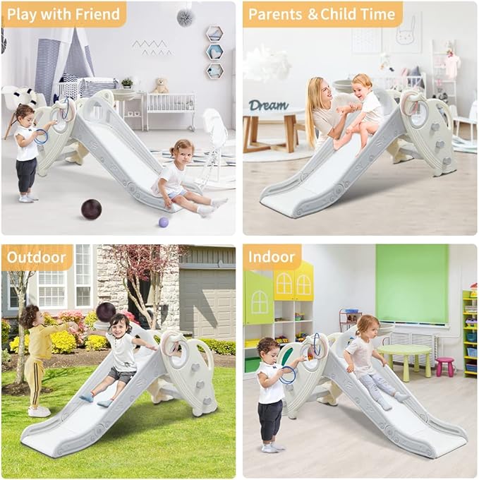 Onasti Kids Slide for Toddlers Age 1-3 Indoor Baby Plastic Slide Outdoor Climber Freestanding Playset with Basketball Hoop & Ring Game Grey