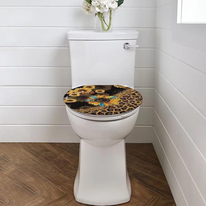 Leopard Print Toilet Seat Lid Cover Sunflower Toilet Seat Lid Covers with Elastic Band Leopard Print Round Toilet Lid Cover Universal Toilet Tank Cover Replacement