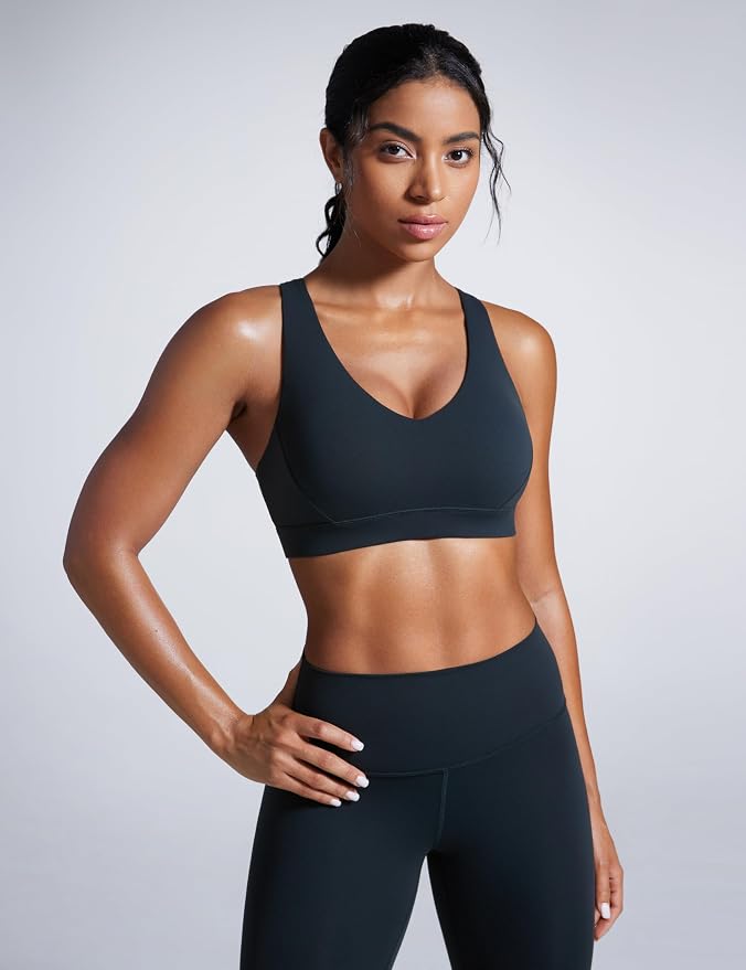 CRZ YOGA Butterbreeze Criss Cross Back Sports Bras for Women - V Neck Adjustable Straps Padded Workout Training Crop Top
