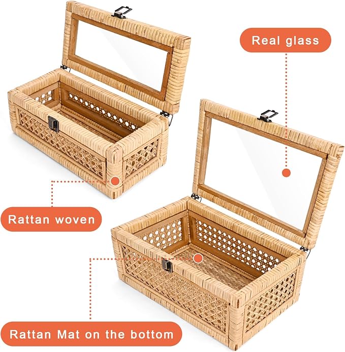 HUAXIN CRAFT H Rattan Decorative Box with Lid, Rectangular Woven with Glass for Display, Set of 2 Wicker for Decor