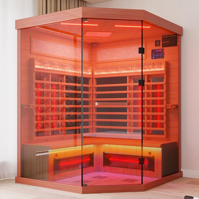 MEISSALIVVE Full Spectrum Infrared Sauna，4 Person Home Sauna， Red Cedar Luxury Indoor Spa Sauna with Resonance Speaker, Panoramic Tempered Glass Door