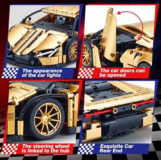 Sports Car Building Set for Adults - 1:14 MOC Toy Car Building Block, Racing Car Model Kit Gifts for Boyfriends,Boys and Teens Age 8-14 (Gold)