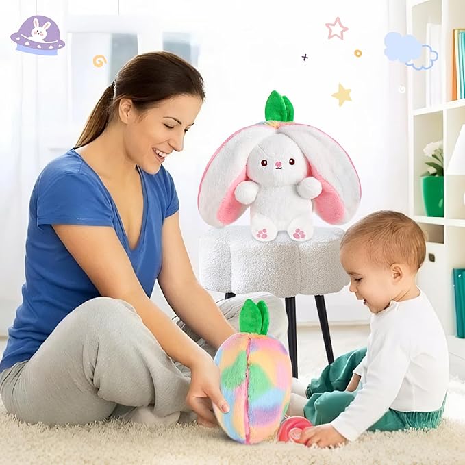 MIAODAM Strawberry Bunny Stuffed Animal, Iridescent & Strawberry Bunny Plush Turn Into Rabbit Fruit Doll, Plushies Funny Bunny Plush Toy for Babies and Kids(7 inch)