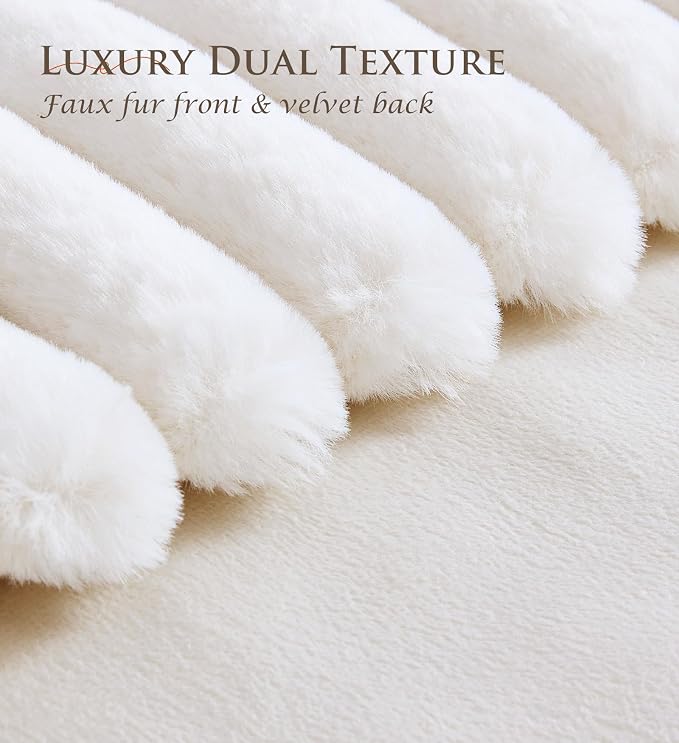 Pack of 2 Throw Pillow Covers 20x20 Decorative Solid Plush Faux Fur with Soft Velvet Back, Square Striped Cushion Cases Modern Farmhouse Home Decor for Living Room Couch Sofa Bed Cream White