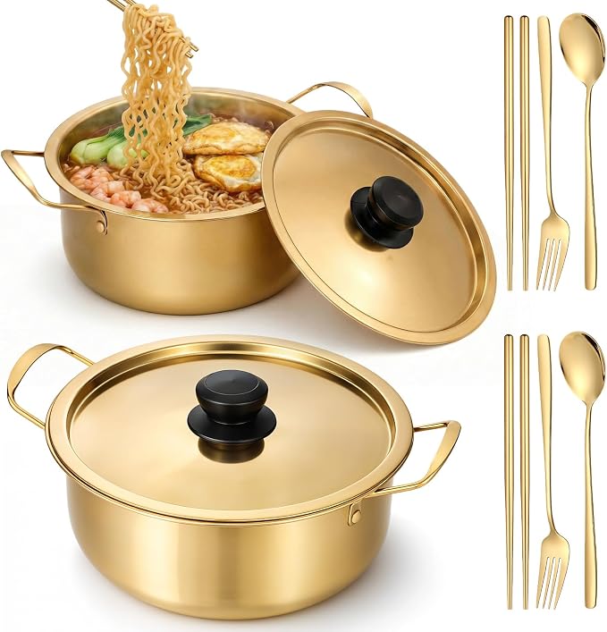 2 Pack Korean Ramen Pot With Lid, Korean Ramen Noodle Pot with Handles, Koreans Noodle Cooker with tableware, Koreans Pots Stainless Steel Cooking Pots, Golden KoreanCookingPot(7", 8")