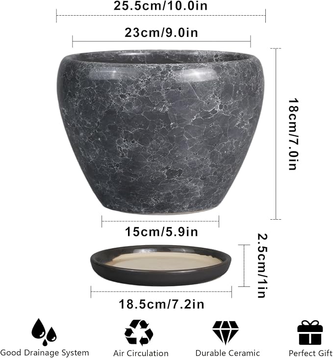 Ceramicfor Ceramic Planters for Indoor Plants - 10 Inch Plant Pot with Drainage Hole and Saucer, Large Flower Pot for Home Decor, Gray