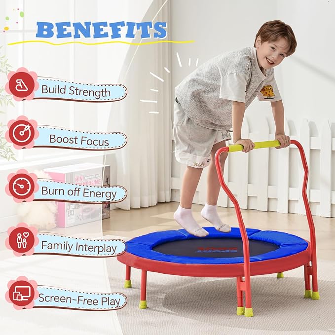 SPORTSOUL Mini Trampoline for Kids 3-6 with Super Safe Foam Handle Bar, 3ft Toddler Trampoline Indoor with No-Gap Cover for Indoor and Outdoor