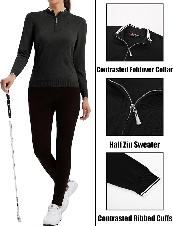 JACK SMITH Quarter Zip Pullover Sweaters for Womens, Rib Polo Sweater Tops | V Neck,Knit,Long Sleeve,Argyle,Open Pattern,Callar,Lightweight,Fashion,Golf Work Business Daily Wear Versatile Pullover Shirt