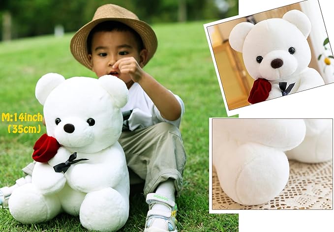 Teddy Bear Plush Stuffed Animal Teddy Bear with Rose,Cute Sweet Bear Great Gift for Your Loved One,Girlfriend Kids Birthday, Valentine, Christmas(18 inches, White)
