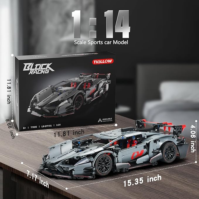 Sports Car Building Set for Adults - 1:14 MOC Toy Car Building Block, Racing Car Model Kit Gifts for Boyfriends,Boys and Teens Age 8-14 (Black)