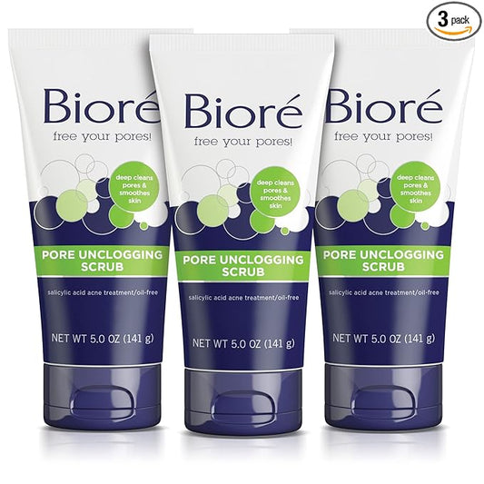 Biore Pore Unclogging Scrub With Salicylic Acid, Oil Free, 5 Oz, 3 Pack | Removes Excess Dirt & Oils, Deep Exfoliation, Clears Congestion, Smooth Texture, Fresh Clean Finish