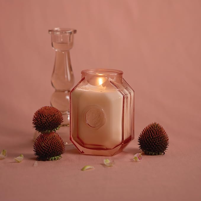 Paddywax Botanica Scented Candle with Lid in Reusable Embossed Glass Jar, Clean-Burn Soy Candle with Approx. 56 Hour Burn Time, Saffron Rose, 8 oz