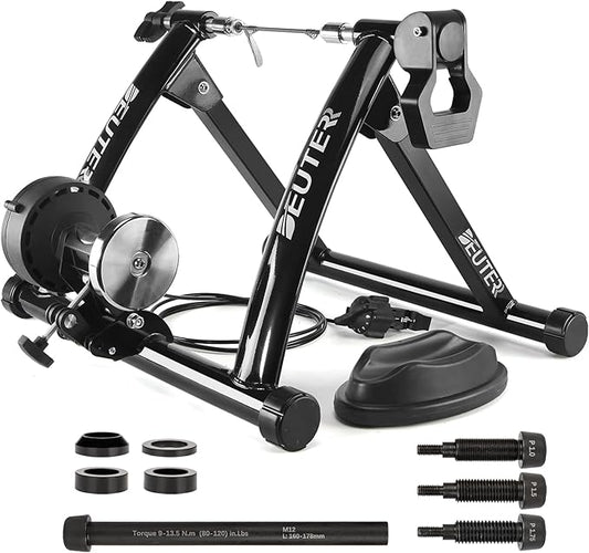 Bike Trainer, Magnetic Bicycle Stationary Stand for Indoor Exercise Riding, 26-29" & 700C Wheels, Quick Release Skewer & Front Wheel Riser Block Included