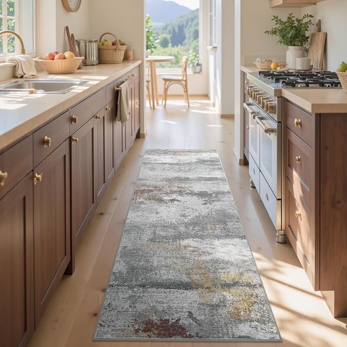 2x6 Ft Washable Runner Rug, Non-Slip Low Pile Hallway Kitchen Area Rug, Soft Abstract Long Entryway Floor Mat Print Pattern Carpet for Bedside & High-Traffic Areas (Grey/Gold-Brown/Red-Brown)