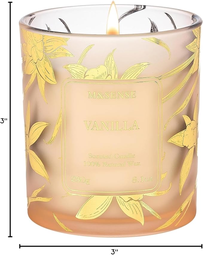 M&SENSE Vanilla Soy Candle, 8.1oz Gilded Glass, Cozy Candles Gift | 42H Long Burn, Warm Relax Home Fragrance, Non-Toxic, Warmer Safe, Reusable Jar, Sensitive-Friendly