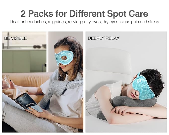 Luxtude Gel Eye Mask Cooling Eye Mask for Dry Eyes 2PCS, Heated Warm Eyes Ice Pack Reusable Gel Sleep Masks, Frozen Cold Compress for Puffiness/Dark Circles/Headaches/Allergies (Blue)