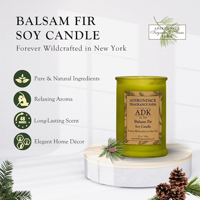 Adirondack Fragrance & Flavor Farm Balsam & Fir Scented Candle 10 Oz | Proudly Poured in The USA, Natural Aromatherapy Wax for Relaxation, Home Décor, Kitchen, Gift and Living Spaces