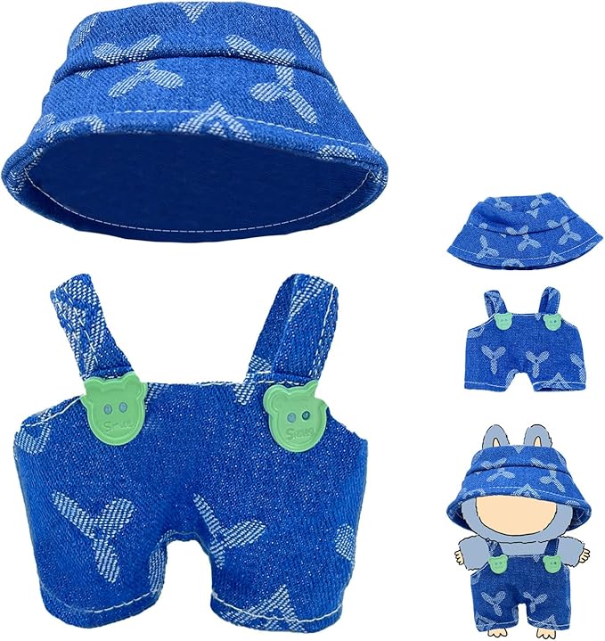 17cm Doll Clothes Set, Hat & Overalls Clothes 2-Piece Set for 15/17cm Dolls, Stylish Adorable Dolls Clothes Accessories, Cute Clothe Outfits for Doll (2-Piece Blue)
