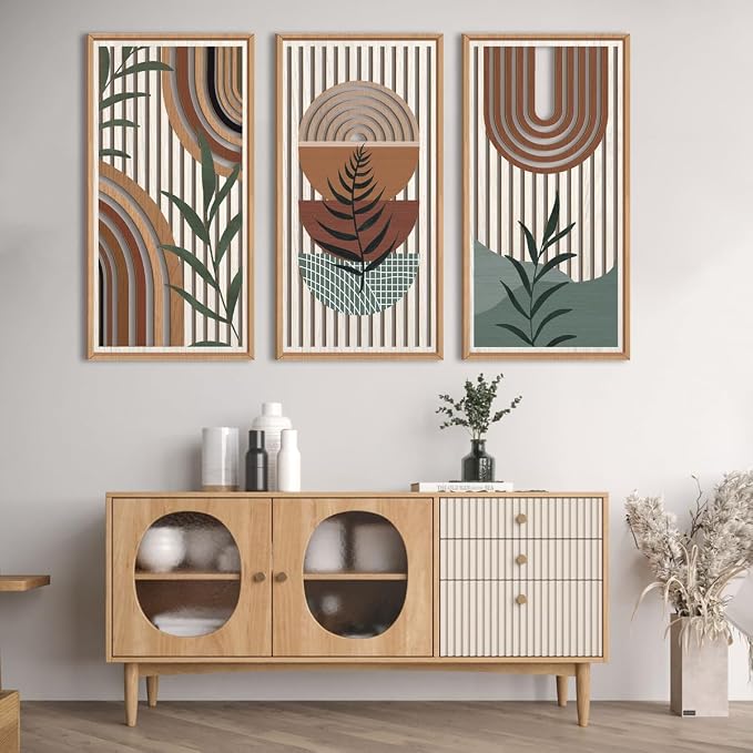 IARTTOP Framed Boho Mid-Century Modern Wood Wall Art 16x32 Inch Large Bohemian Abstract Geometric Wooden Wall Decor Minimalist Brown Green Plant Decor for Bedroom Living Room Dining Room Set of 3