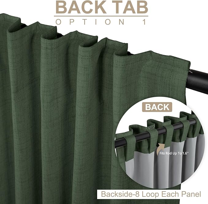 100% Blackout Shield Green Linen Blackout Curtains for Bedroom 96 Inches Long, Back Tab/Rod Pocket Living Room Drapes, Thermal Insulated Blackout Curtains 2 Panels Set, 50" W x 96" L,Loden