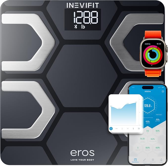 INEVIFIT Ultimate Wellness Bundle, Eros Smart Body Fat Scale, Kitchen Scale, Water Bottle & Resistance Band Set for Complete Health Tracking