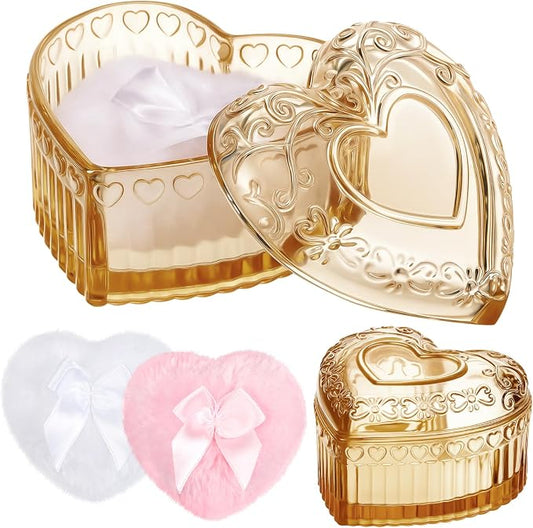 Tioncy 3 Pcs Large Body Powder Puff and Container Valentine's Day gift Powder Container with Puff Crystal Case Soft Washable Reusable Velour Face Body Glitter Wet Dry Makeup(Heart,Amber)