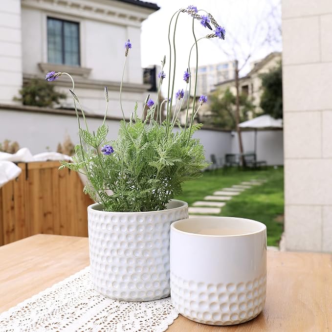 La Jolie Muse Ceramic Planter - 6.7+5.5 Inch Concave Dot Patterned Cylinder Flower Pot W/Drain Hole for Indoor, Set of 2, Glacier Gray | 6.7+5.5 Inch, Grey Dot Pattern Ceramic Planter with Drainage Hole, Decorative Planter Pots for Indoor Plants, Home ...