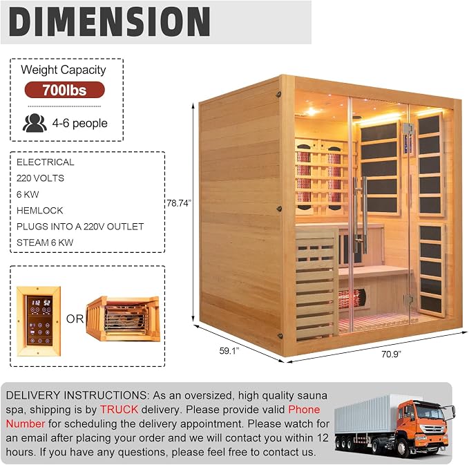 Infrared & Steam Dual-System Sauna Room for 4-6 Person, Wood Hybrid Home Sauna with Heater, Indoor Traditional Saunas Spa with Heaters & Sauna Stove, Speaker, Oxygen Bar, Bucket