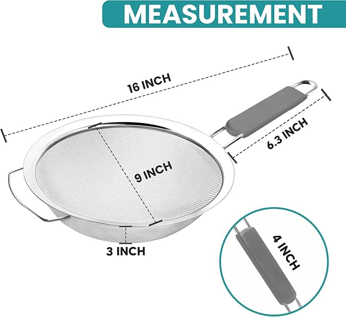 9" Large Extra Fine Mesh Strainer with Thermo Plastic Rubber Handle - Sieve Fine Mesh Stainless Steel - Ideal to Strain Pasta, Quinoa and Rice