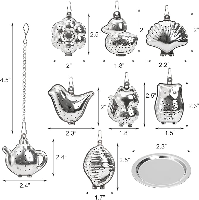 Elsjoy Set of 8 Loose Leaf Tea Infusers with Chain and 8 Drip Trays, 18/8 Stainless Steel Tea Balls Cute Tea Steepers, Mini Tea Strainer Tea Filter Set for Mugs, Tea Cups, Teapots, 16 Pcs