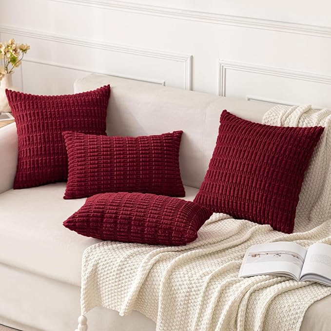 MIULEE Euro Sham Corduroy Decorative Throw Pillow Covers 22x22 Burgundy | Pack of 2 Soft Boho Striped Pillow Covers Modern Farmhouse Home Decor For Sofa Living Room Couch Bed