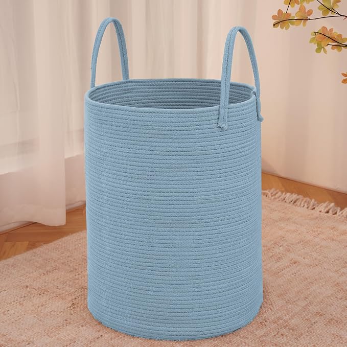 JMvicyroam 100L Cotton Rope Laundry Basket Hamper, Blue | Collapsible laundry basket, reinforced handles, freestanding, machine washable, holds 3-5 thick blankets, clothes or toys