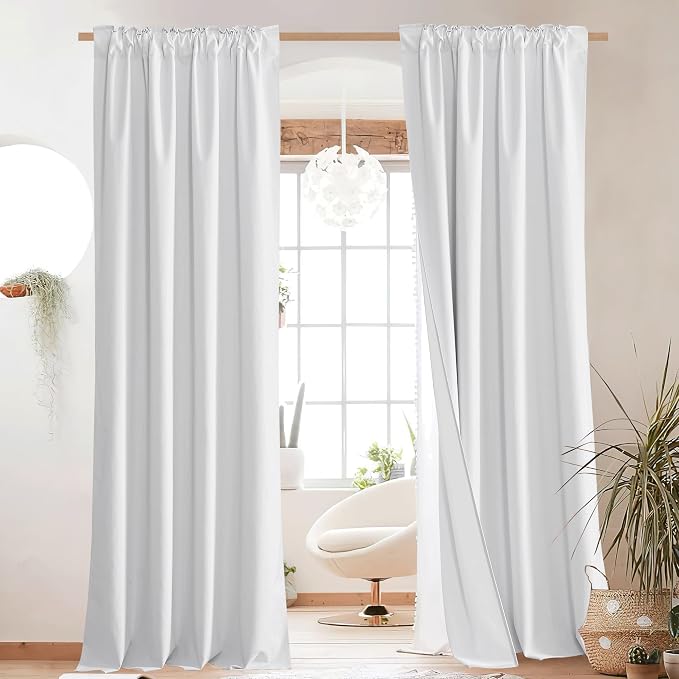 NICETOWN Back Tab 100% Blackout Linen Curtains with Thermal Insulated White Liner, White, 52" Wide, 84" Length Energy Saving Curtains for Living Room 2 Panels Set, Vertical Blinds