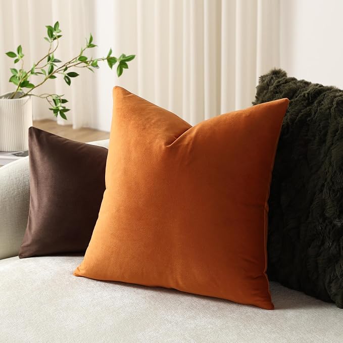 Throw Pillow Covers 16x16 Orange: Pack of 2 Cozy Soft Velvet Square Modern Luxury Decorative Throw Pillow Cases for Sofa Couch Living Room Bed Home Decor