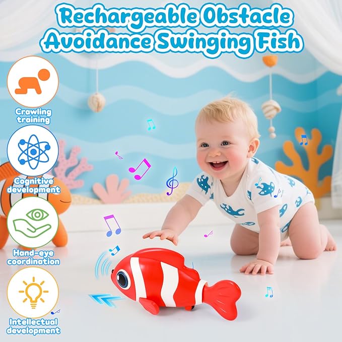 Crawling Fish Baby Toys, Novelty Tummy Time Toys for Babies 6-12 Months, Magic Swinging Fish Music Crawling Toys for Infant Toddler 12-18 Learning Crawl Walking Dancing 1st Valentines Days Gift