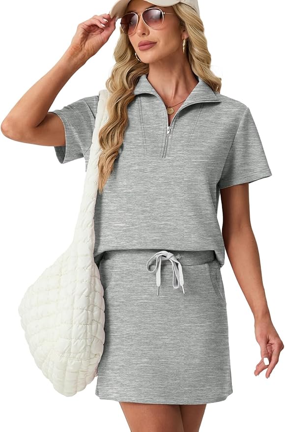 GRECERELLE Women's Summer 2 Piece Skort Set Half Zip Short Sleeve Top & Pocketed Tennis Skirt For Sports & Vacations.