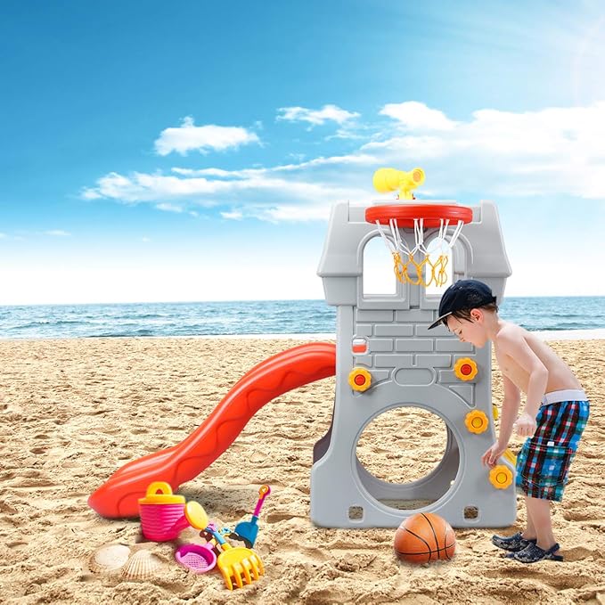 HONEY JOY Kids Slide with Basketball Hoop, 4-in-1 Toddler Freestanding Slide, Telescope, Hide and Seek Crawling Space & Climbing Stairs, Children Playground Toys Set for Indoor and Outdoor Games