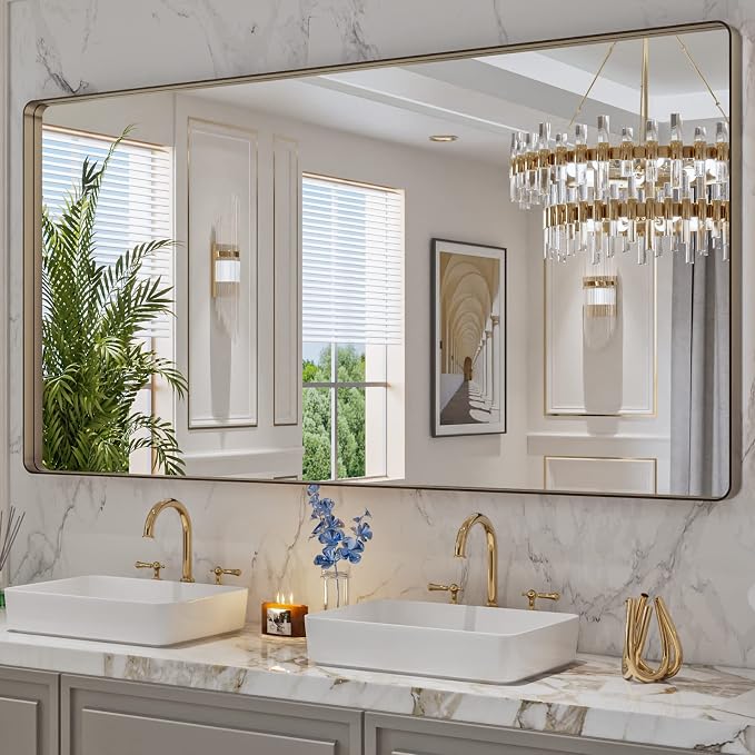 LOAAO 72"X36" Bronze Bathroom Mirrors | Rounded Rectangle, Brushed Bronze Metal Frame, Anti-Rust, Tempered Glass, Hangs Horizontally or Vertically