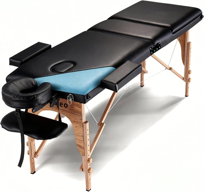 Portable Massage Table Massage Bed Professional SPA Reiki Eyelash Salon Bed, Wooden Frame Height Adjustment Accessories, Black (3-Section)
