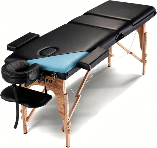Portable Massage Table Massage Bed Professional SPA Reiki Eyelash Salon Bed, Wooden Frame Height Adjustment Accessories, Black (3-Section)