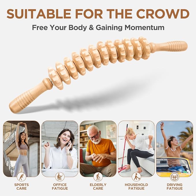 Wooden Cellulite Massage Roller for Legs and Thighs - Handheld Fascia Blaster Tool for Muscle Relief, Lymphatic Drainage & Body Sculpting - Anti Cellulite Massager for Women and Men (12 Wheel)