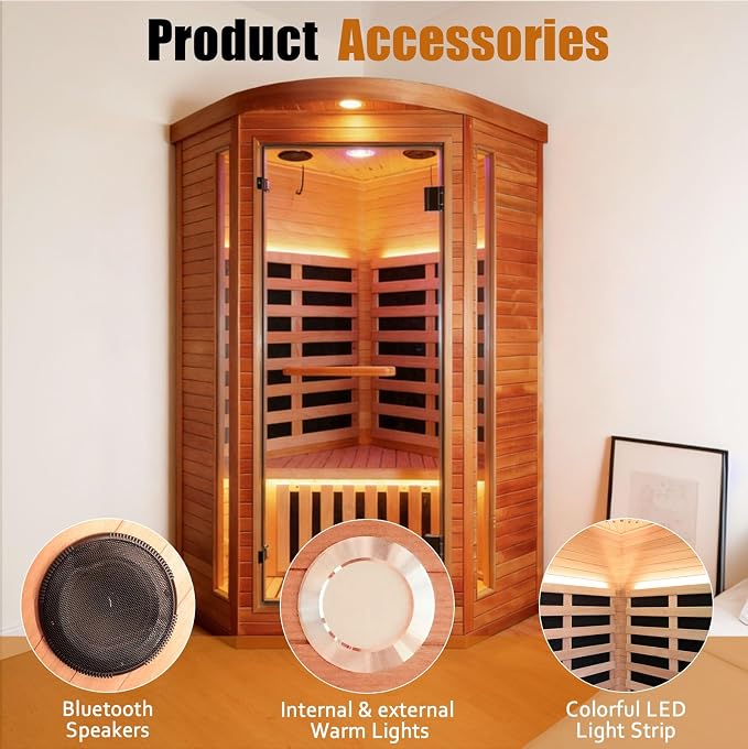 Corner Sauna Far Infrared Sauna 1 Person Home Saunas Indoor Wood Spa Room 1300W 120V with Red Light Bluetooth Speakers 37.4" x 37.4" x 70.9"