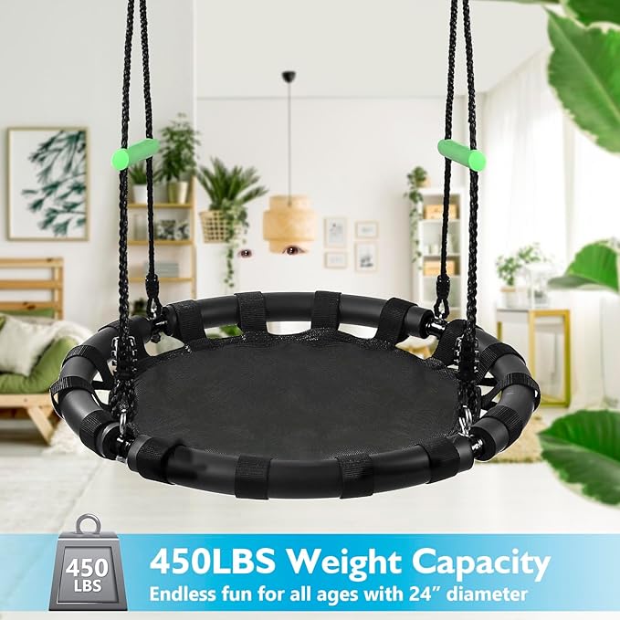 Tree Swing with PP Mat - Durable, Safe, and Easy to Install,Black Outdoor Saucer Swing,Flying Saucer Web Circle Swing for Yard Garden Playground Park (24 inches Diameter)