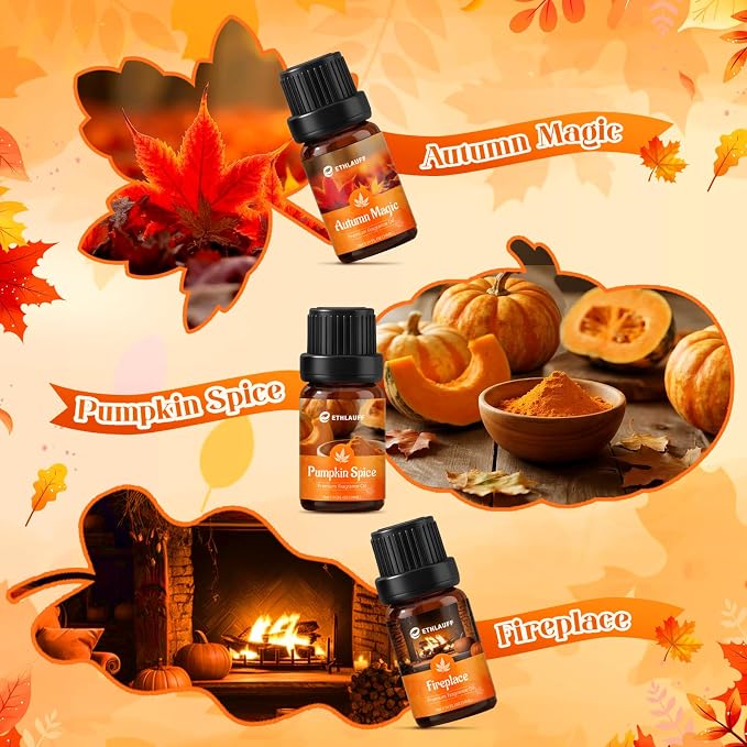 Fragrance Oil Autumn Set,Fall Essential Oils, Pumpkin Spice,Cinnamon & Apple,Fireplace, Autumn Wreath, Warm Flannel, Fall Scents for Diffuser, Candles Making Scent